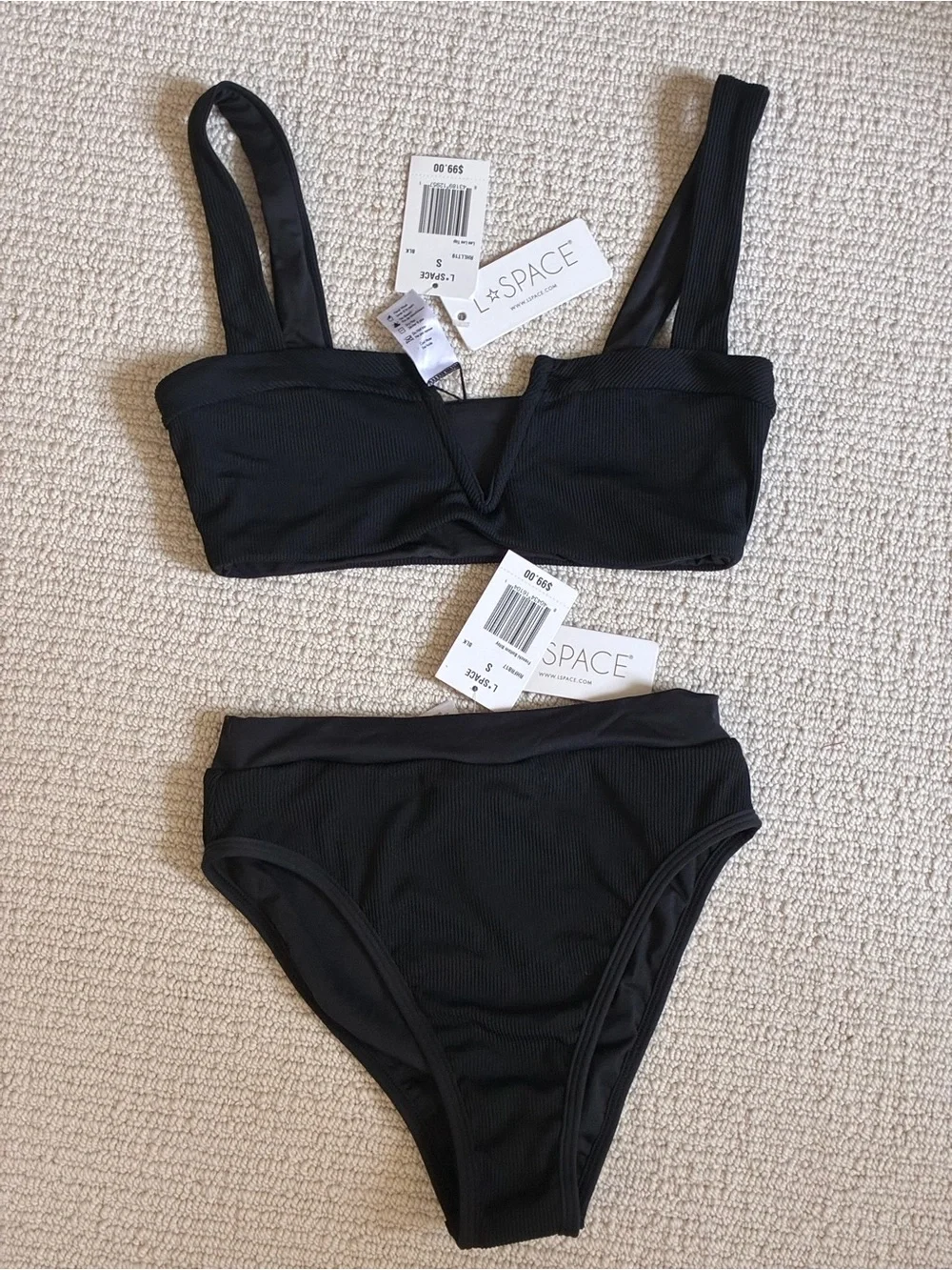 L*SPACE Girls Black Ribbed Bikini Set NWT Size Small